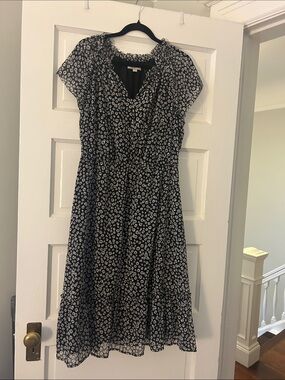 LOFT Black and White Floral Midi Dress